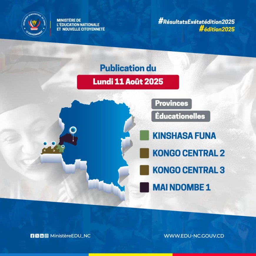EXETAT 2025 : les résultats de Kinshasa Funa et 3 autres provinces éducationnelles seront disponibles ce soir, voici la liste des meilleurs lauréats