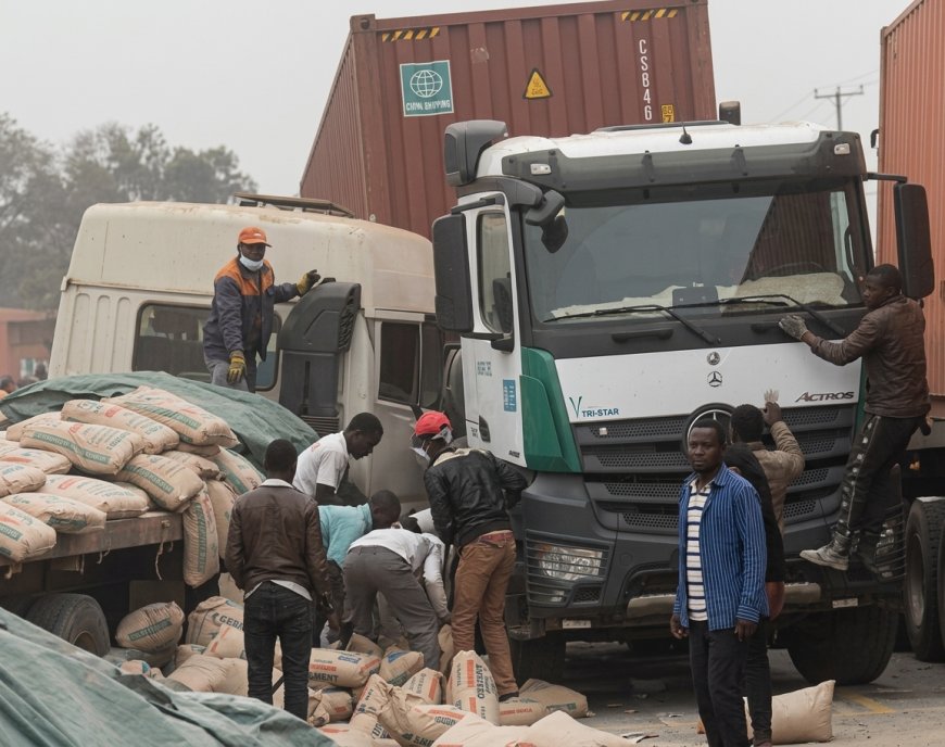 Kongo Central : des sacs de ciment emportés après collision entre deux camions près de Kisantu