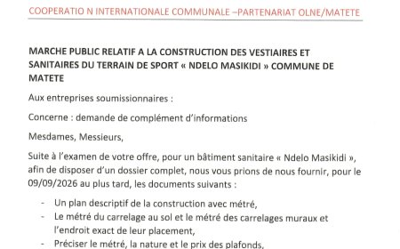 Kinshasa : Avis d’appel d’offres pour la construction des vestiaires et sanitaires du terrain de sport « Ndelo Masikidi » à Matete