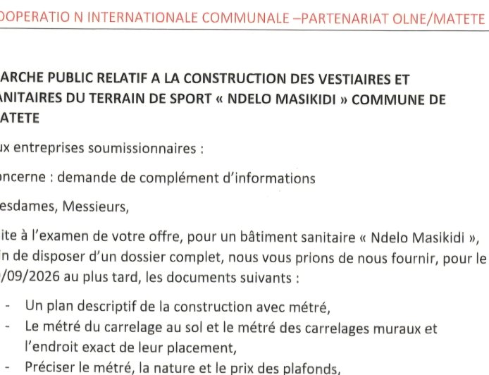 Kinshasa : Avis d’appel d’offres pour la construction des vestiaires et sanitaires du terrain de sport « Ndelo Masikidi » à Matete