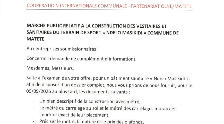Kinshasa : Avis d’appel d’offres pour la construction des vestiaires et sanitaires du terrain de sport « Ndelo Masikidi » à Matete