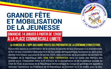 Kinshasa : La jeunesse de l'UDPS organise une grande fête et une mobilisation ce dimanche à la 7ème rue Limete en prélude de la cérémonie d'investiture du Chef de l'Etat (communication)